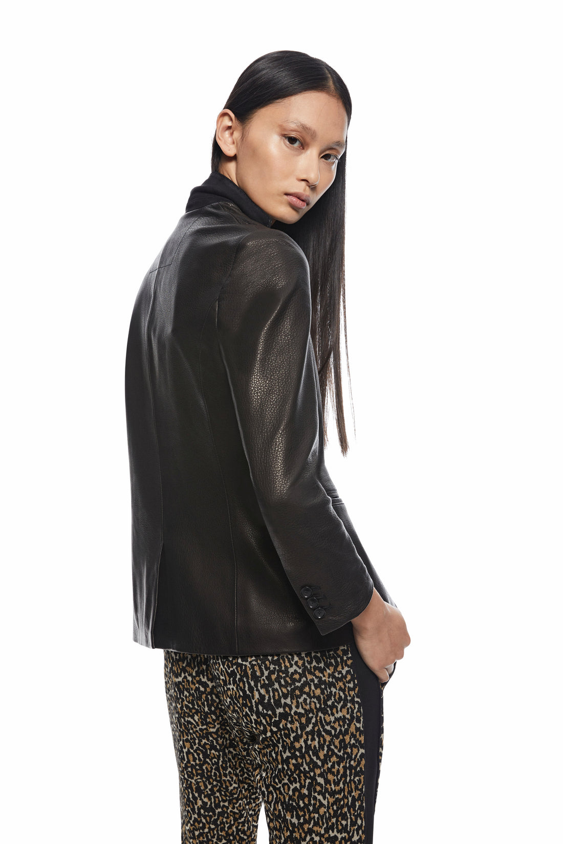 Back of Cropped Sleeve Leather Blazer