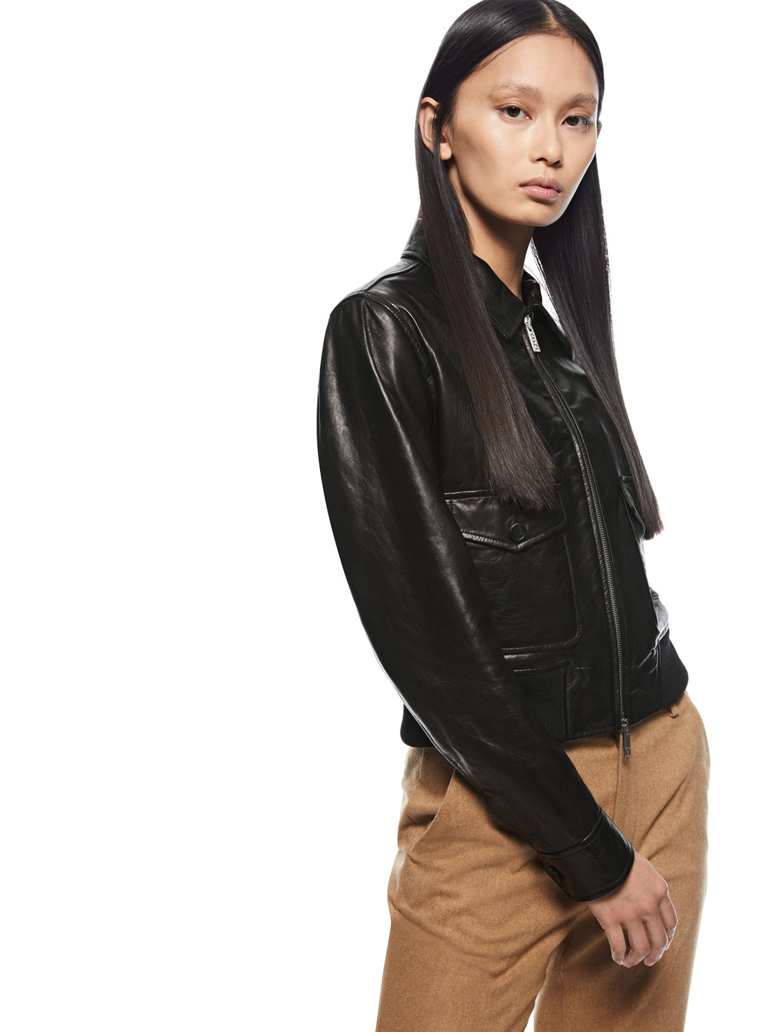 Front of Women's Black Leather Aviator Jacket - Image #2