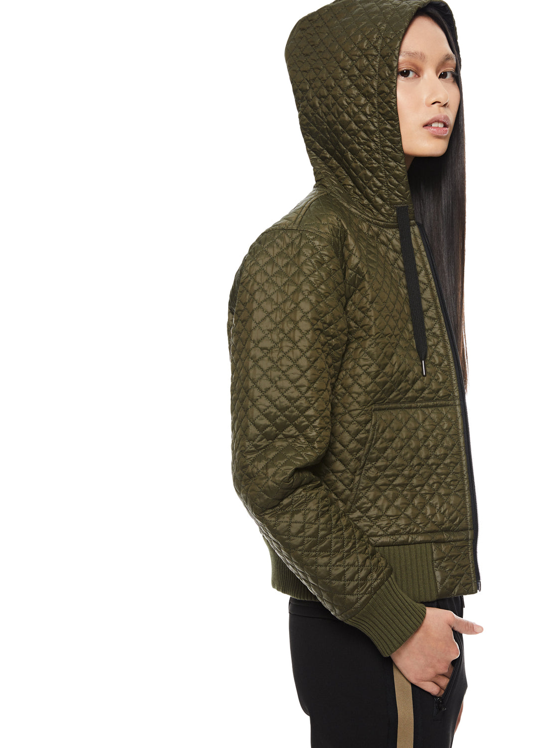 Side of Women's Dark Olive Micro Quilt Jacket