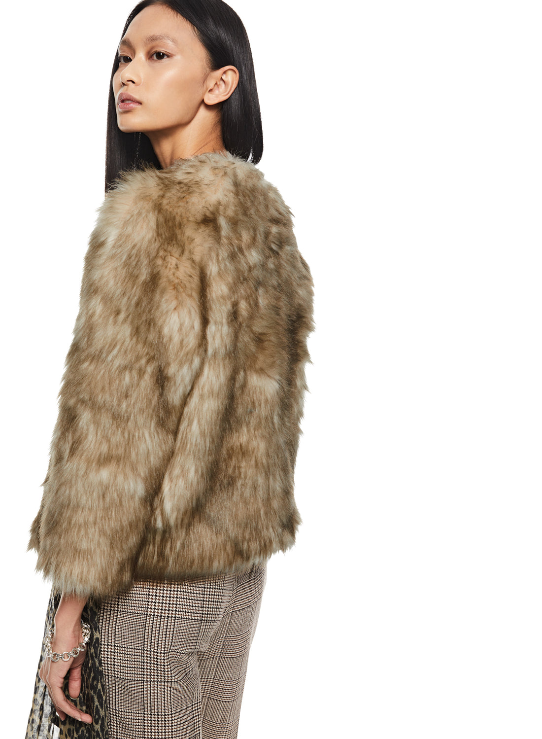 Side of Women's Light Cappuccino Faux Fur Jacket