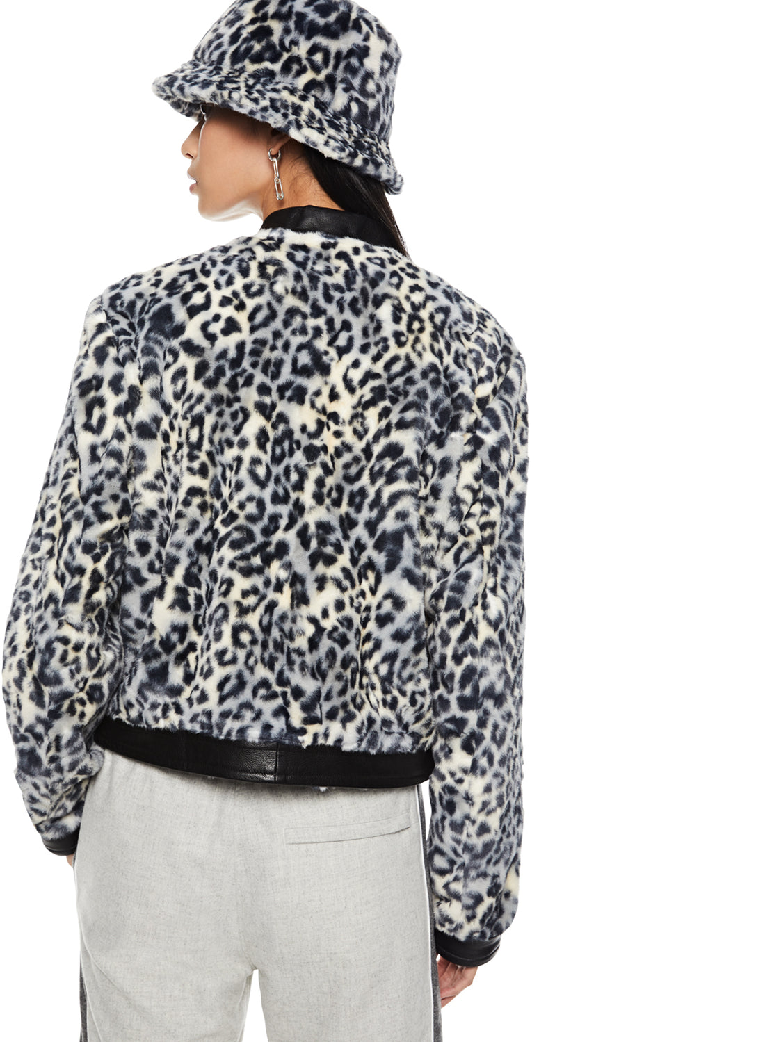 Back of Navy Multi Animal Print Faux fur Jacket