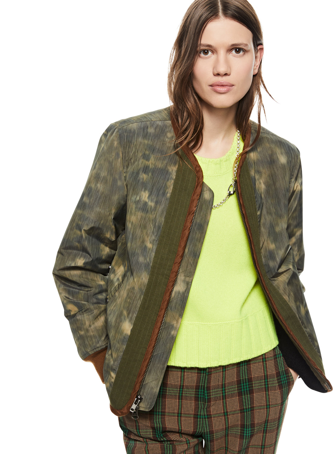 Front of Olive Multi Abstract Camo Sherpa Lined Jacket - Image #3