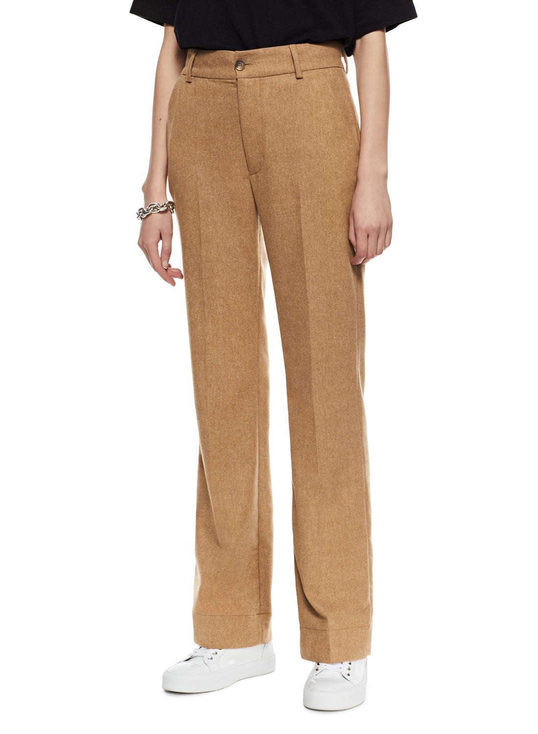 Front of Women's Camel Flare Leg Pants