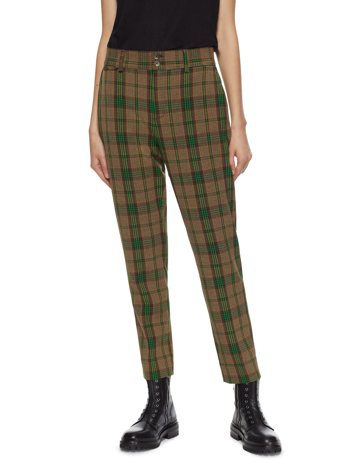 Front of Women's Brown Multi Tapered Plaid Pant