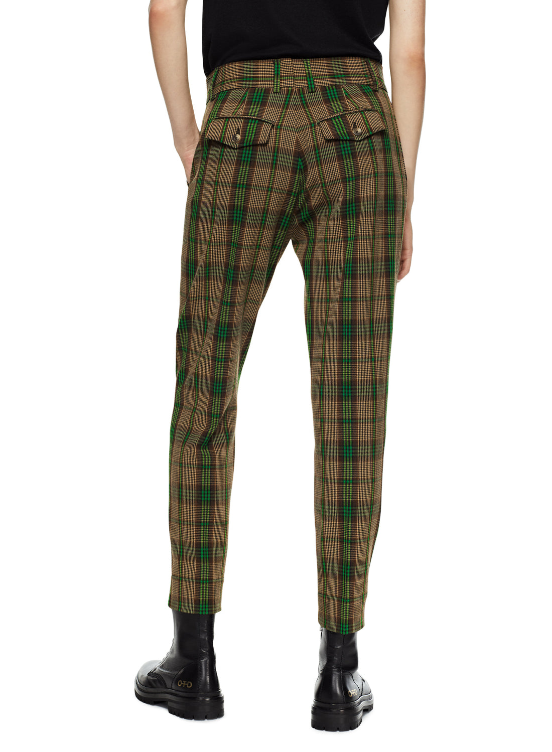 Back of Women's Brown Multi Tapered Plaid Pant