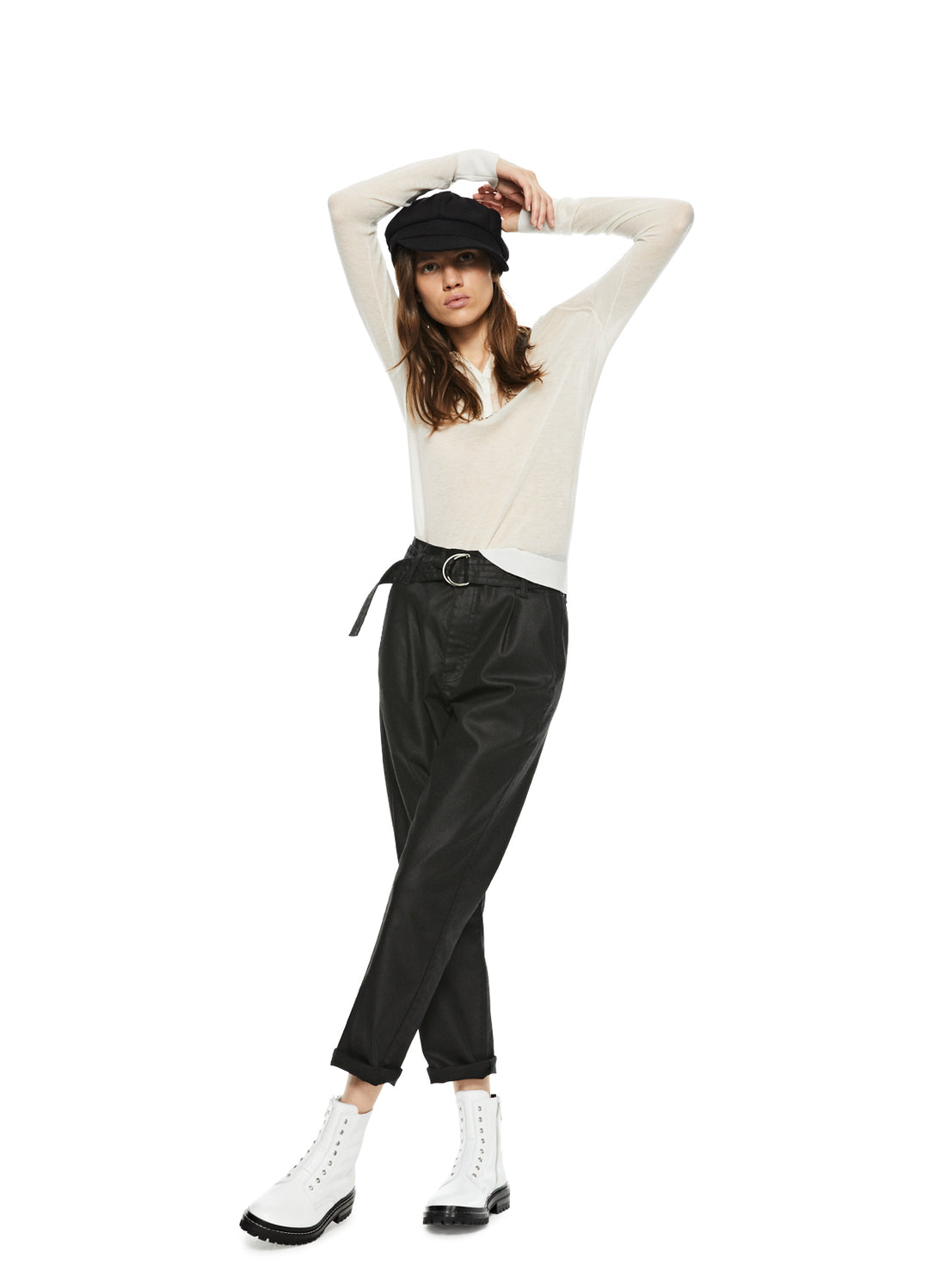 Front of Women's Black Pleated High Rise Tapered Pant