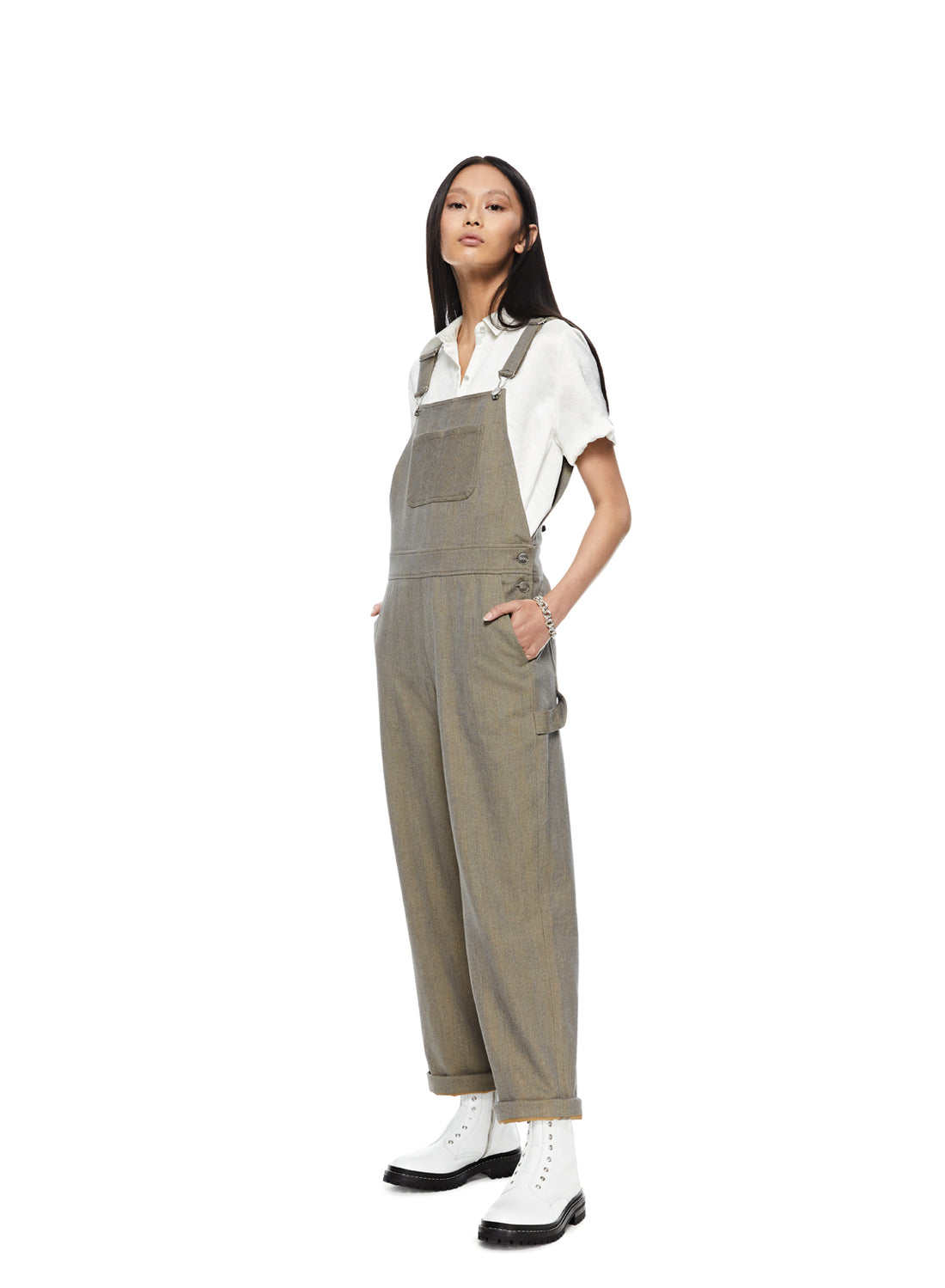 Front of Women's Sandstone Shadow Stripe Overalls