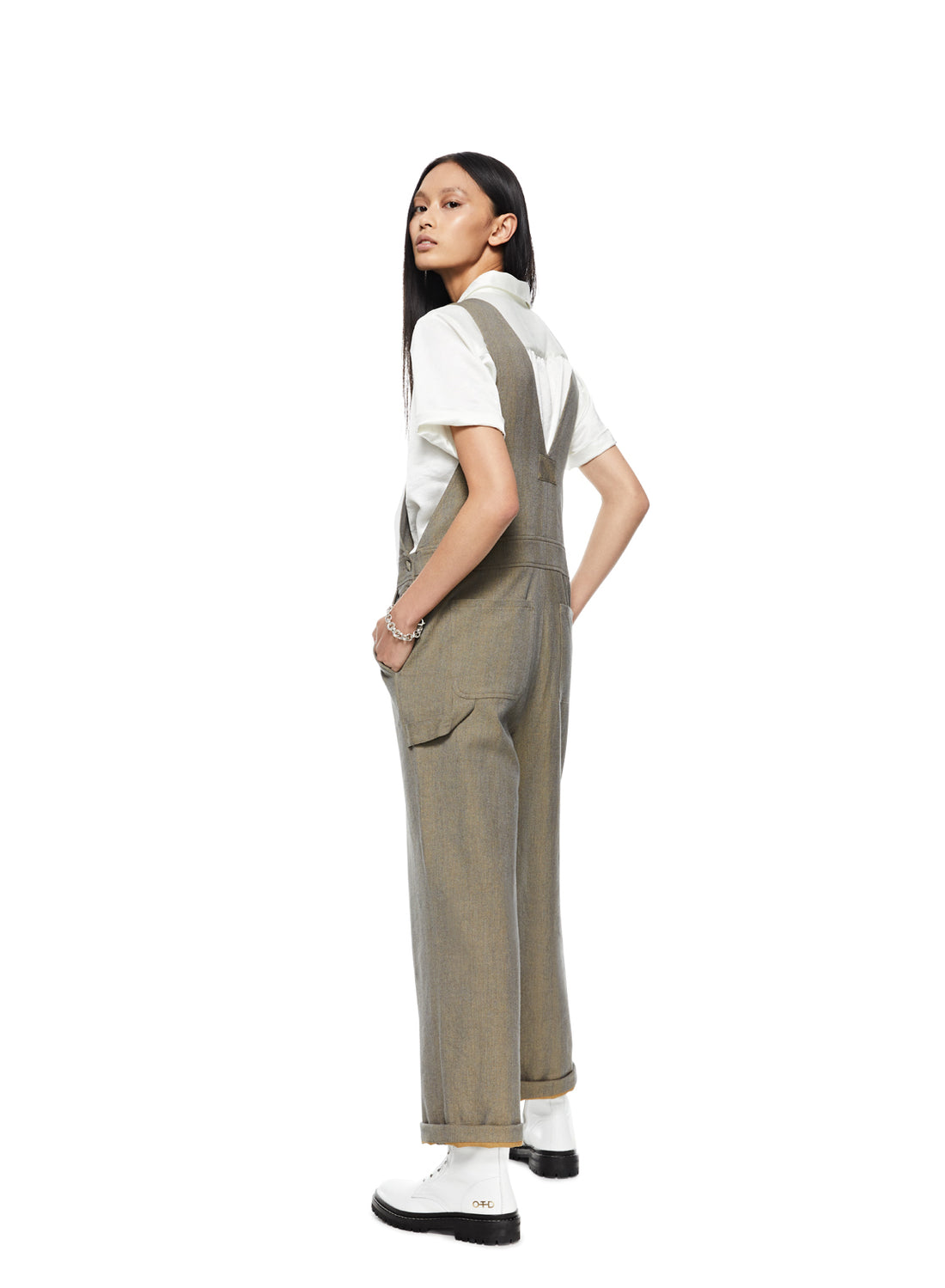 Back of Women's Sandstone Shadow Stripe Overalls