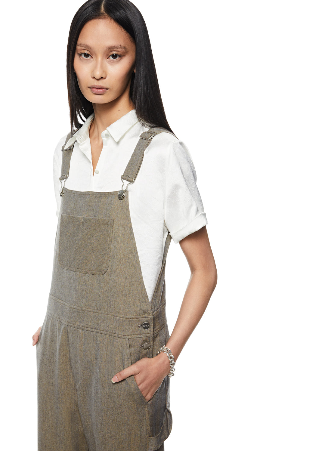 Front of Women's Sandstone Shadow Stripe Overalls - Close Up