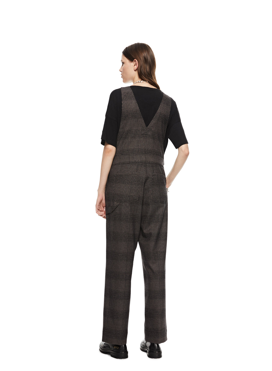 Back of Women's Grey Multi Plaid Overalls