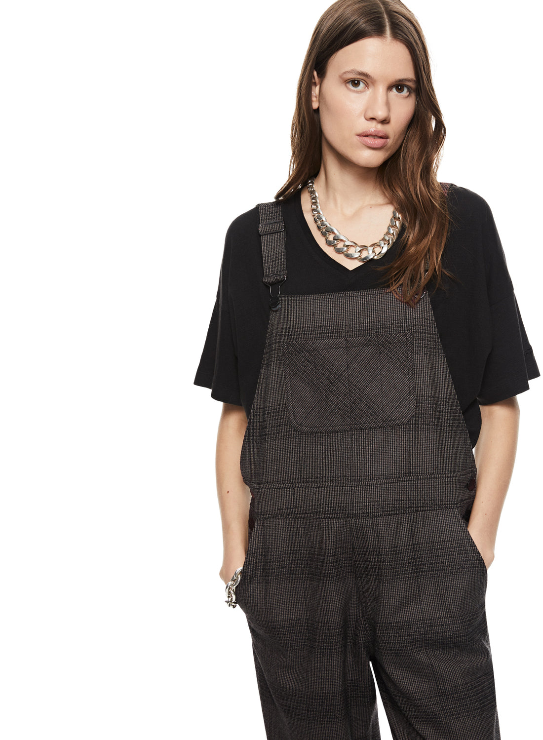 Front of Women's Grey Multi Plaid Overalls - Image #2