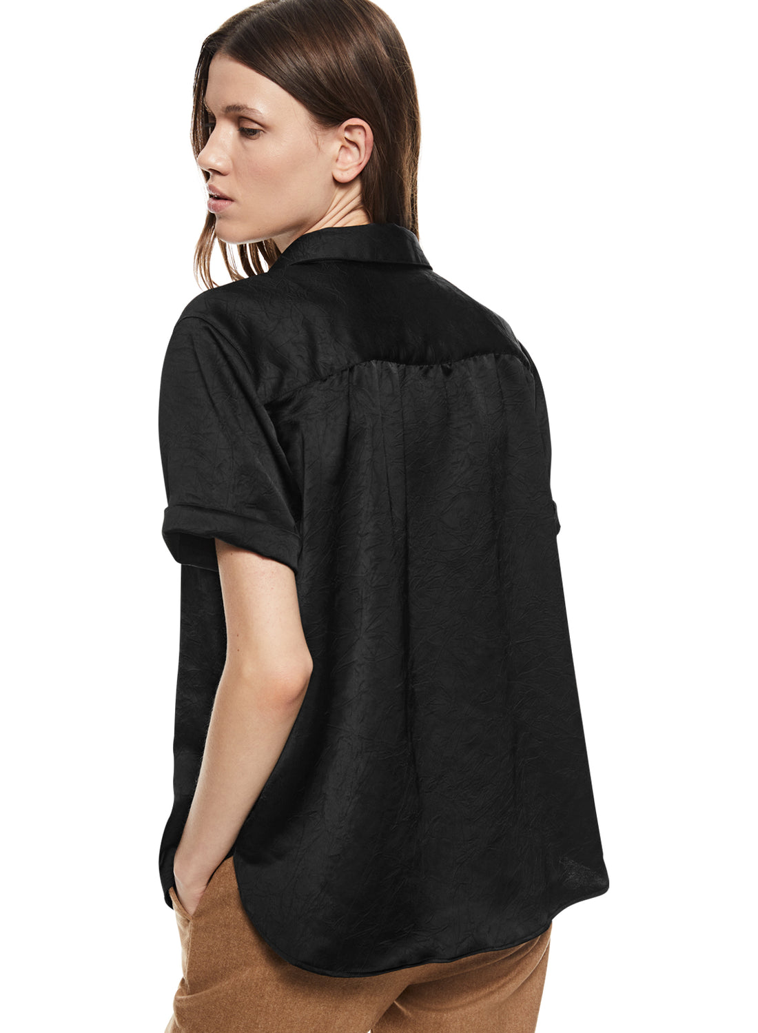 Back of Women's Black Short Sleeve Buttoned Shirt