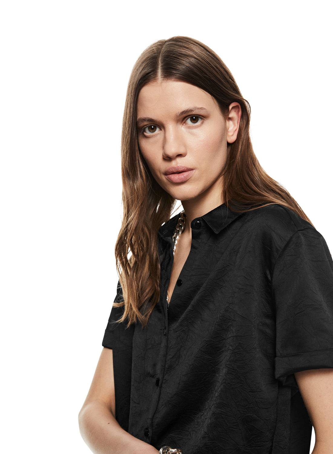 Front of Women's Black Short Sleeve Buttoned Shirt - Close Up