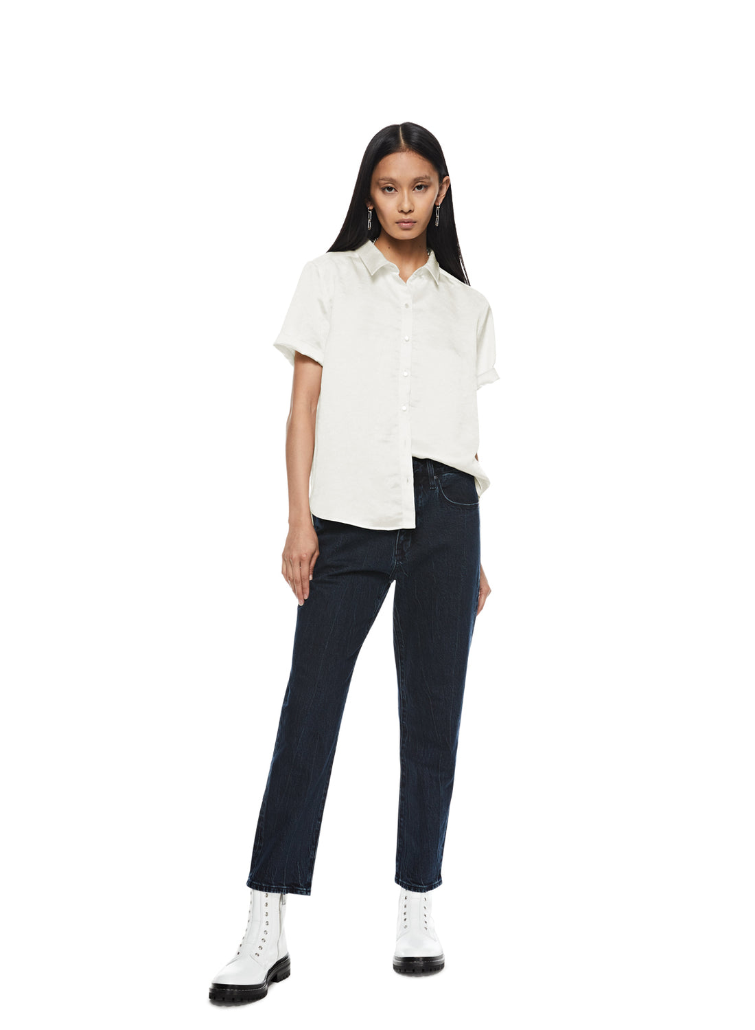 Front of Women's Ivory Short Sleeve Buttoned Shirt