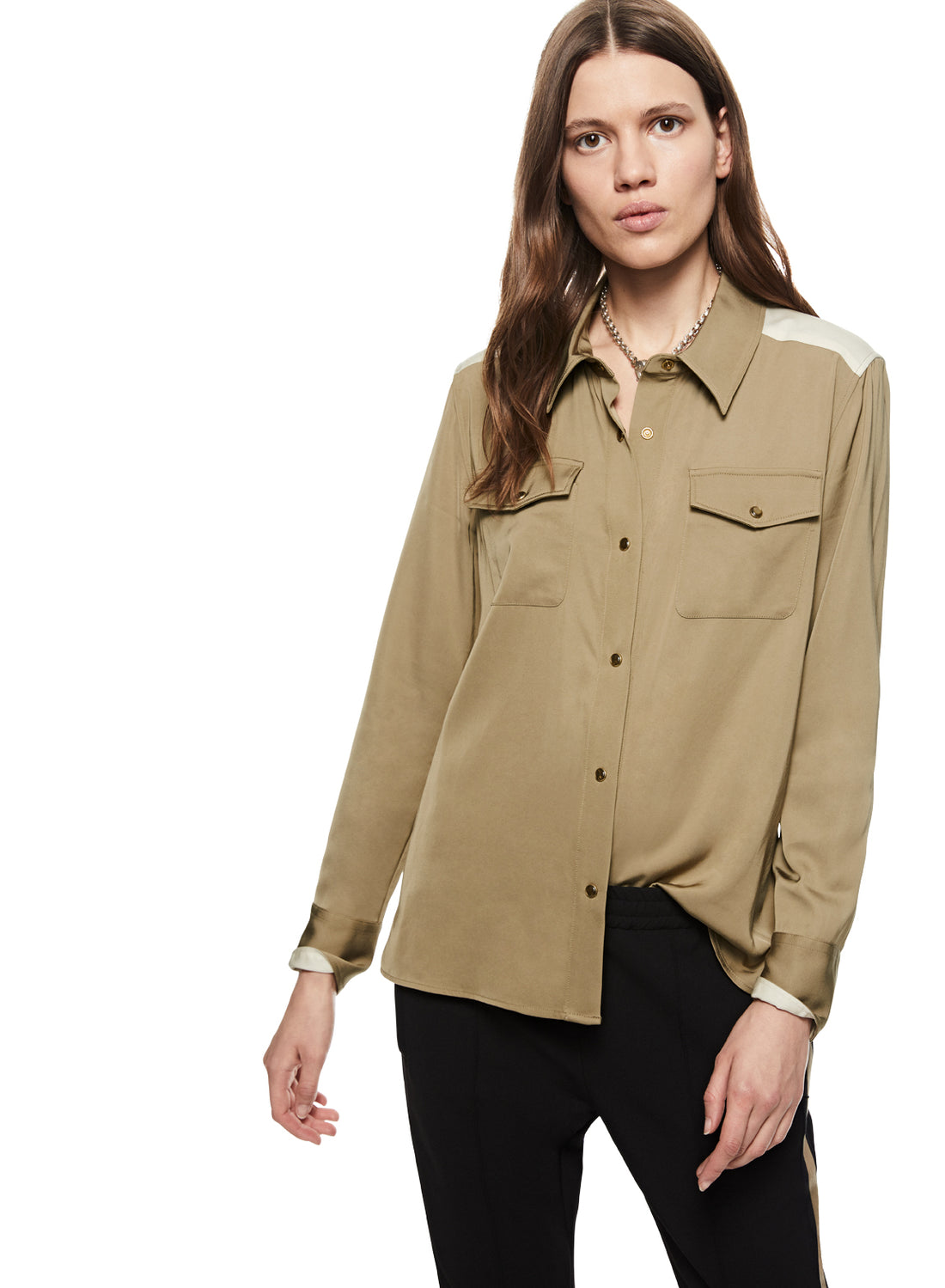 Front of Women's Khaki Colorblocked Cadet Shirt - Image #2