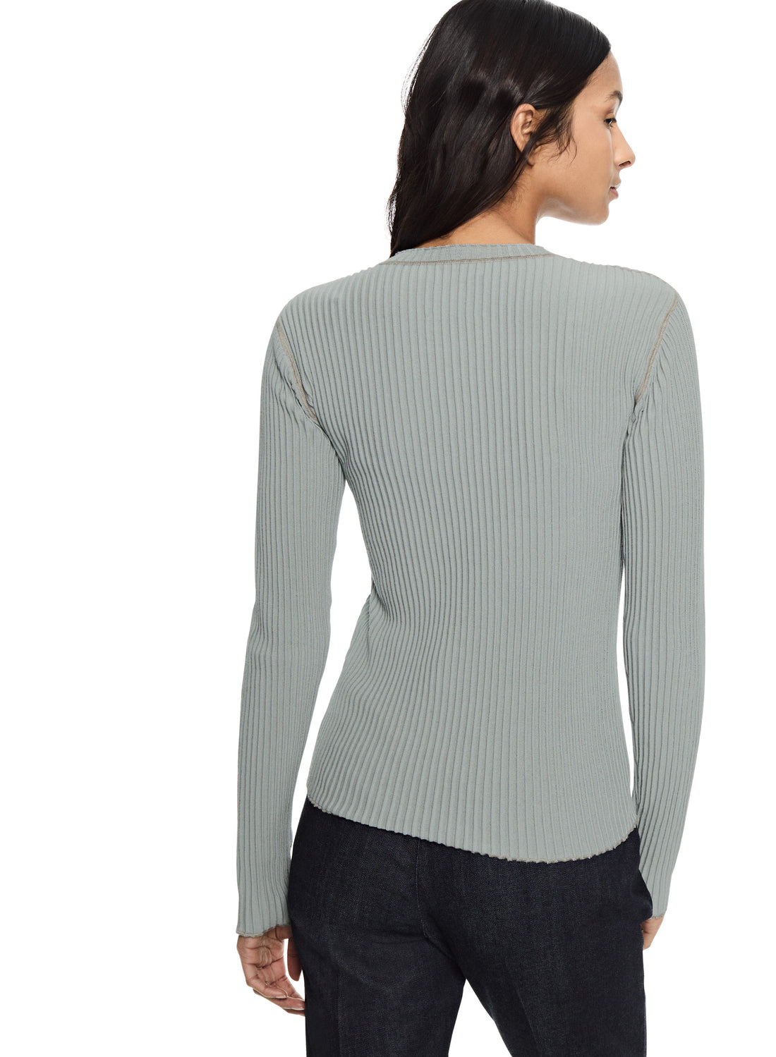 Ribbed Contrast-Stitch Crewneck Sweater (Misty Blue)