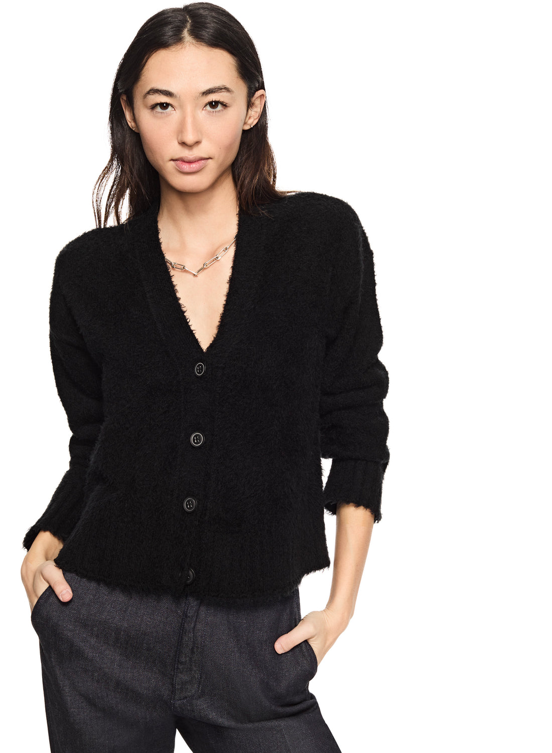 Brushed Teddy Cropped Cardigan Sweater (Black)