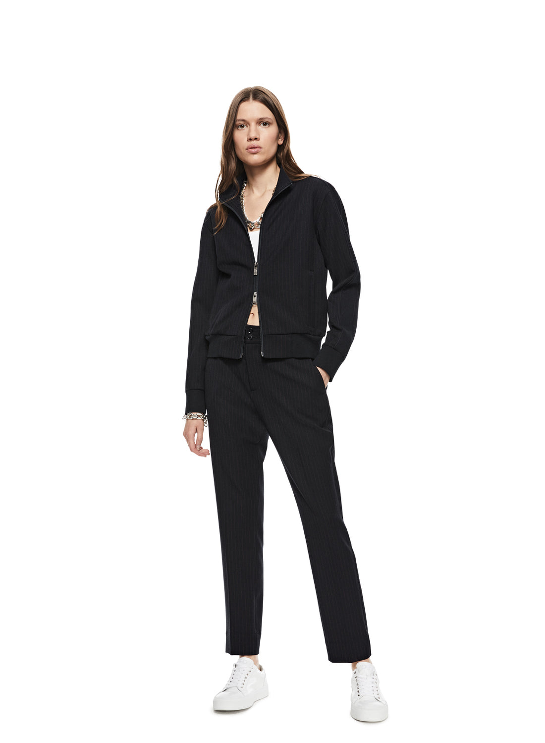 Front of Women's Navy Pinstripe Track Jacket