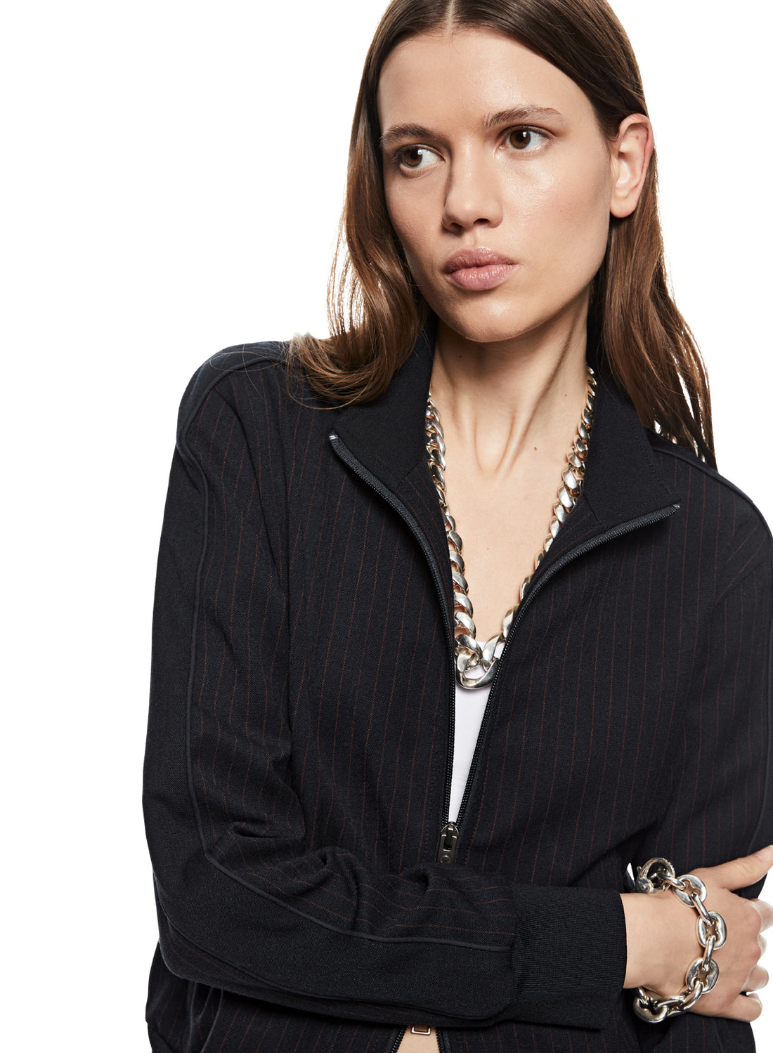 Front of Women's Navy Pinstripe Track Jacket