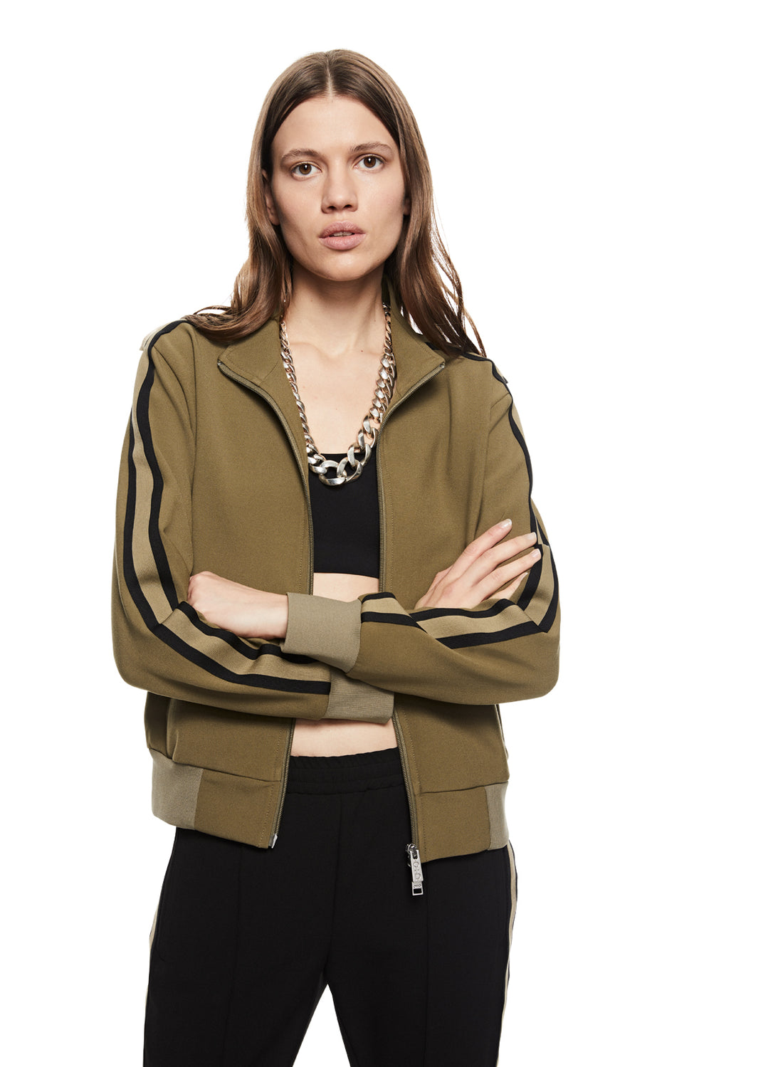 Front of Women's Khaki Side Stripe Racer Jacket - Image #2