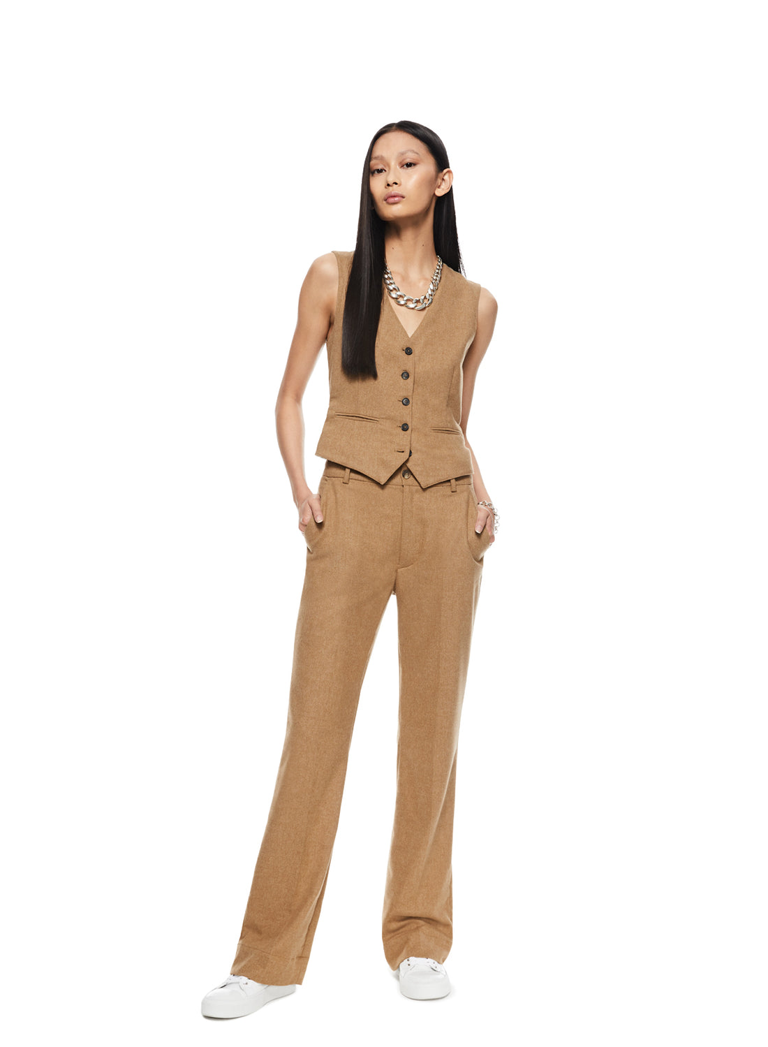 Front of Women's Camel 5 Button Waistcoat - Image #2