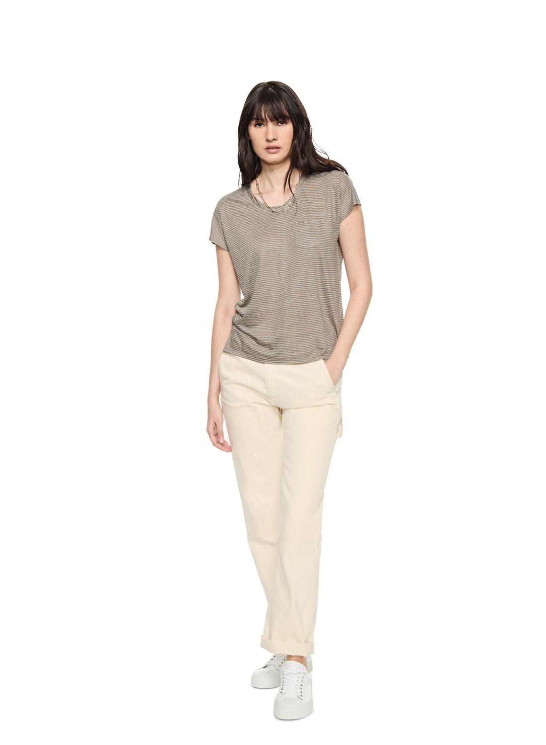 Linen Stripe Pocket Tee (Khaki)