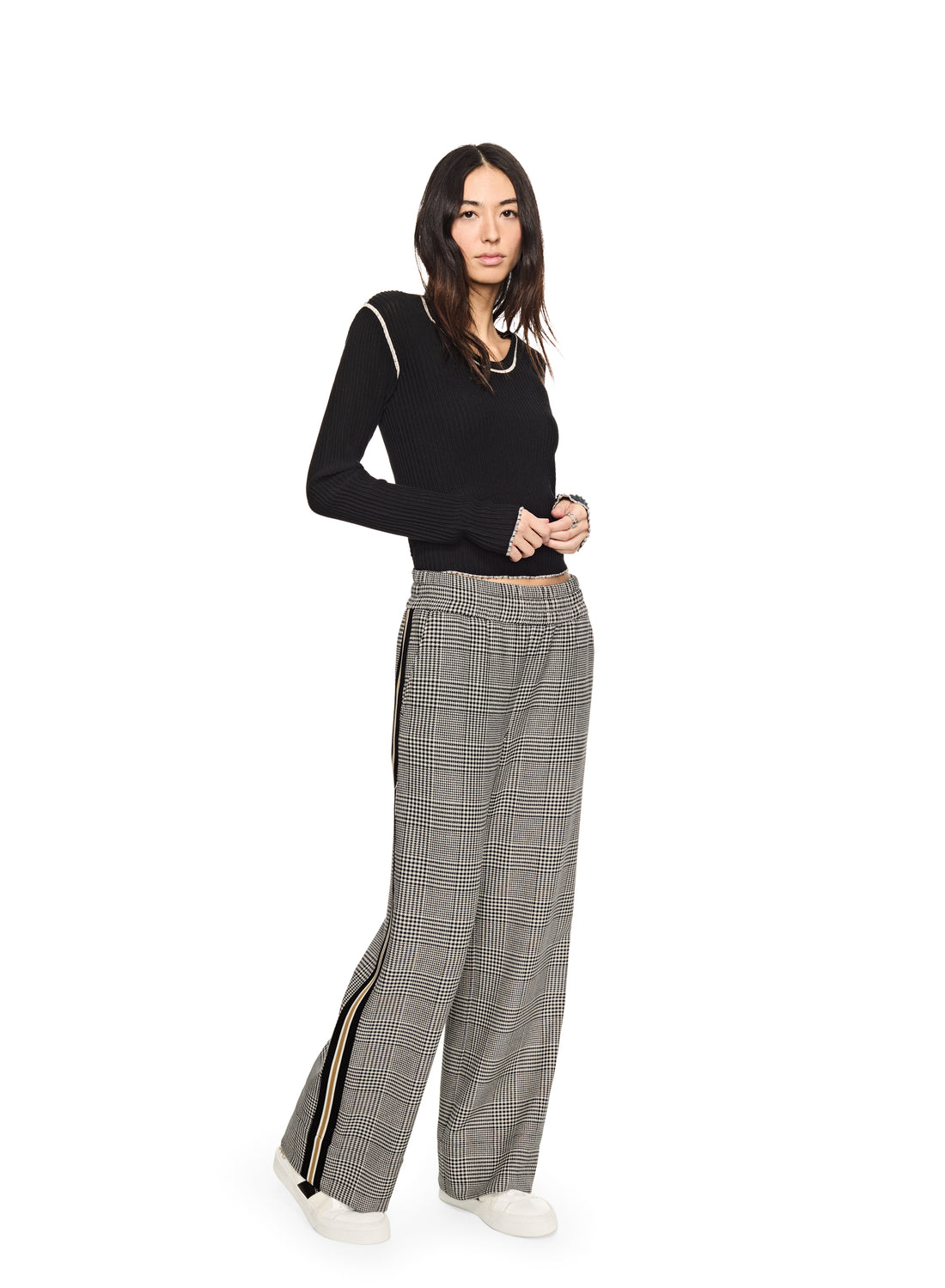 Glen Plaid Wide-Leg Track Pant With Side Tape Detail